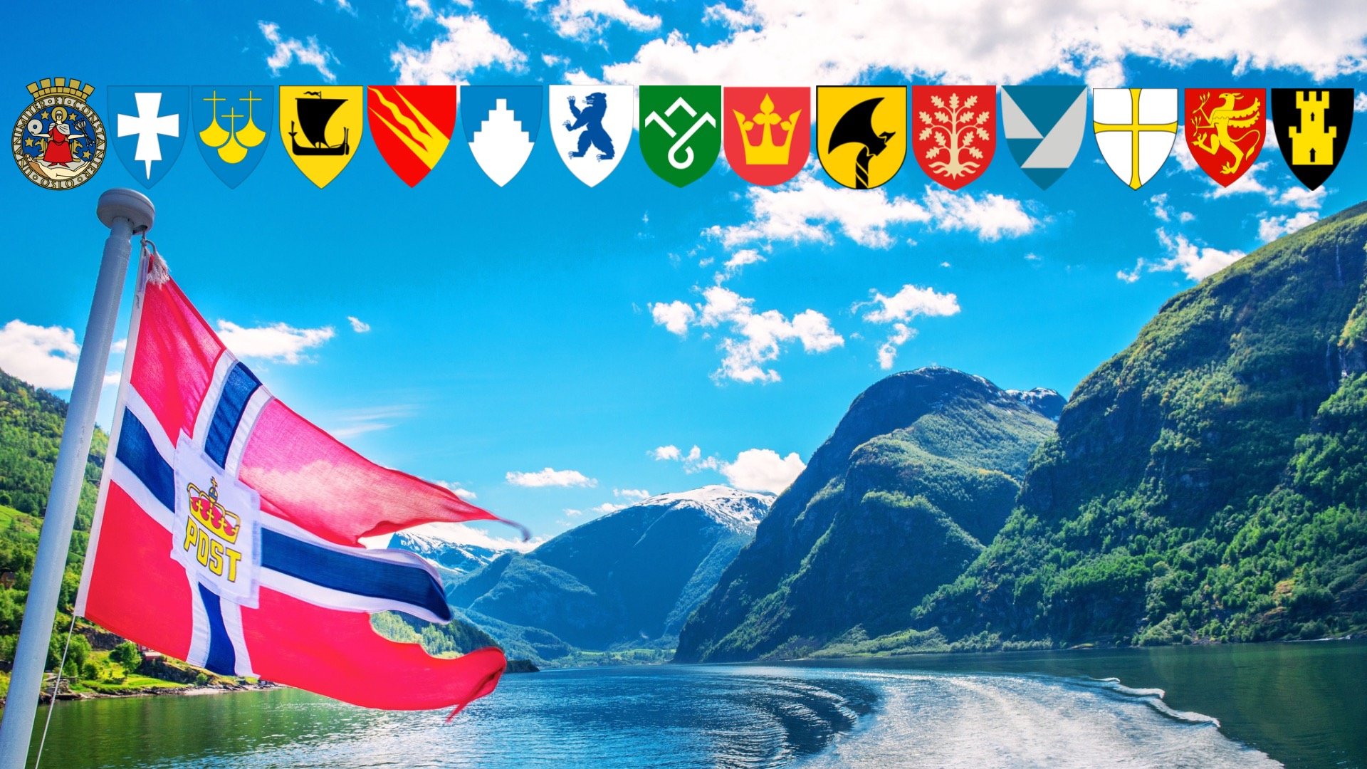 Norway fjord landscape with county crests.