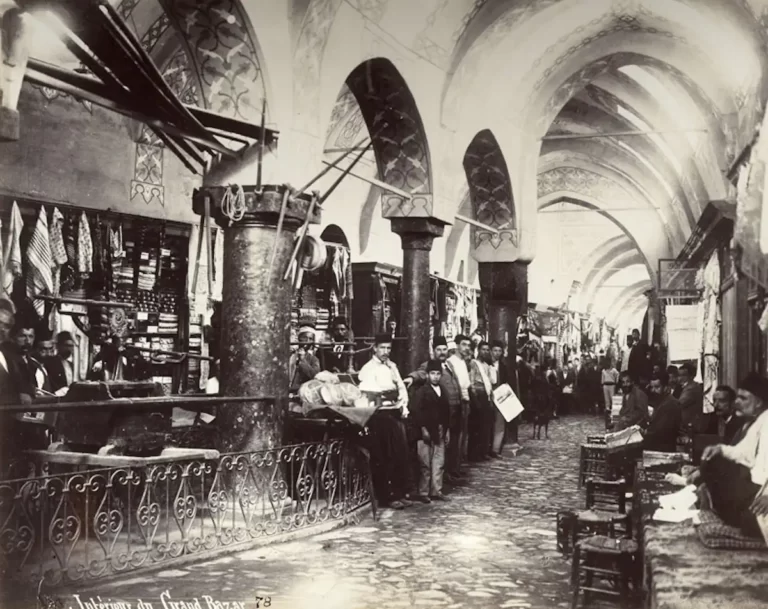 The interior of the Constantinople grand bazaar in the 1890s.  Jean Pascal Sébah via Wiki Commons.