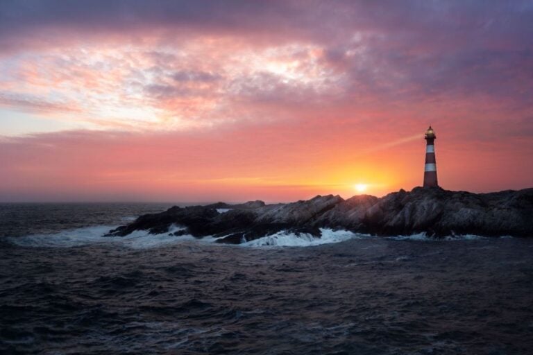 Fedje lighthouse at sunset.