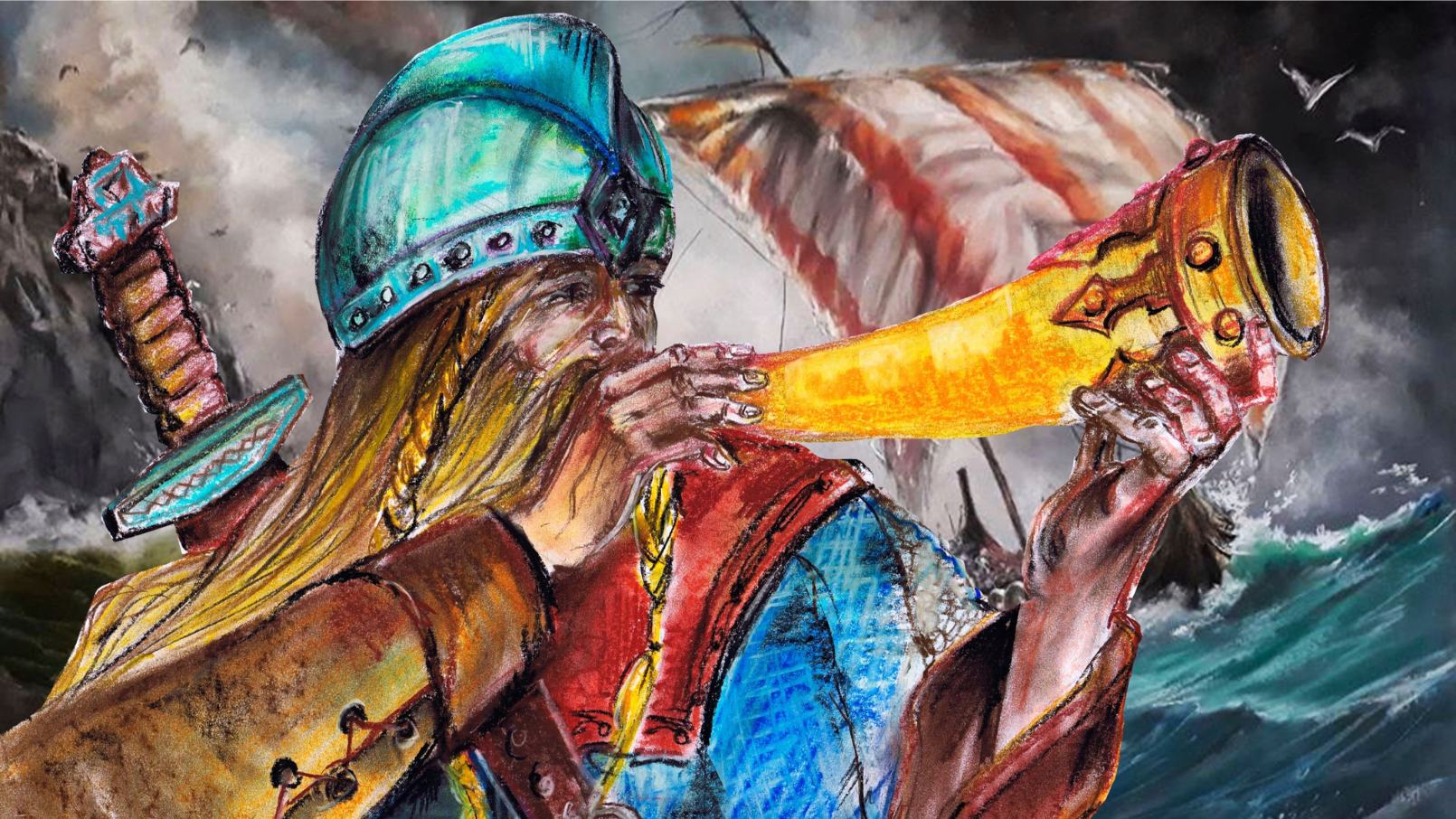 Illustration of Heimdall with the Gjallarhorn.