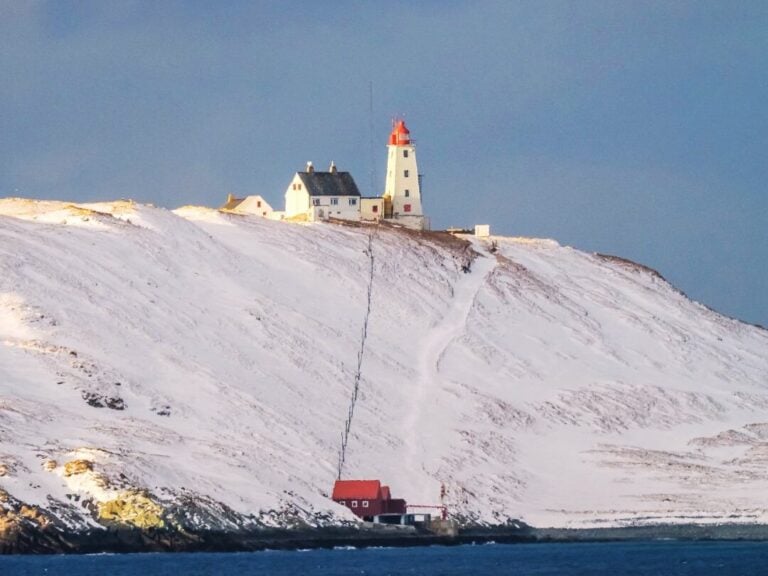 Lighthouse on approach to Vardø, Norway.