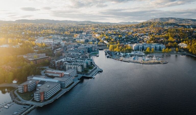 An aerial view of Lysaker, a business district of Bærum in the Oslo Region.