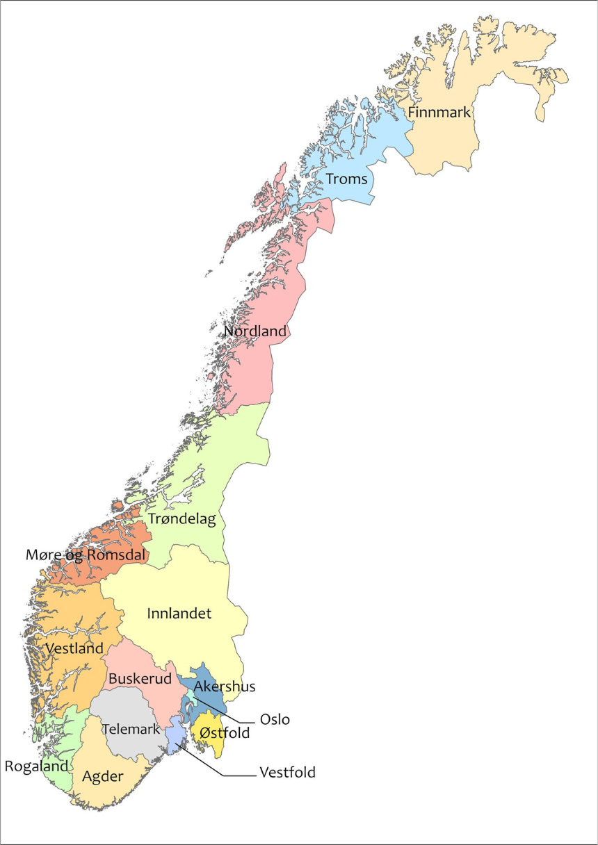 Map of Norway counties in 2024.