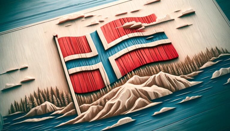 The flag of Norway etched into wood.