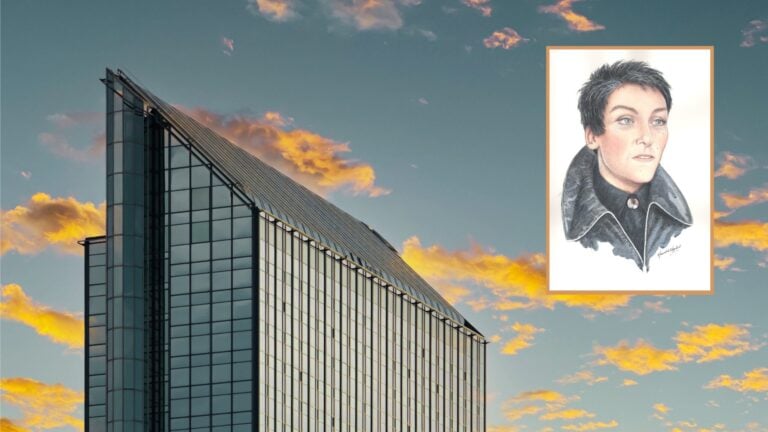 The Oslo Plaza Hotel and mystery woman. Photo: designium / Shutterstock.com (hotel) and Harald Nygård (sketch).