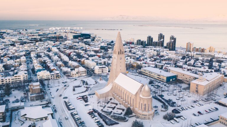 Hallgrimskirkja church in the centre of Reykjavik, Iceland, in the winter.