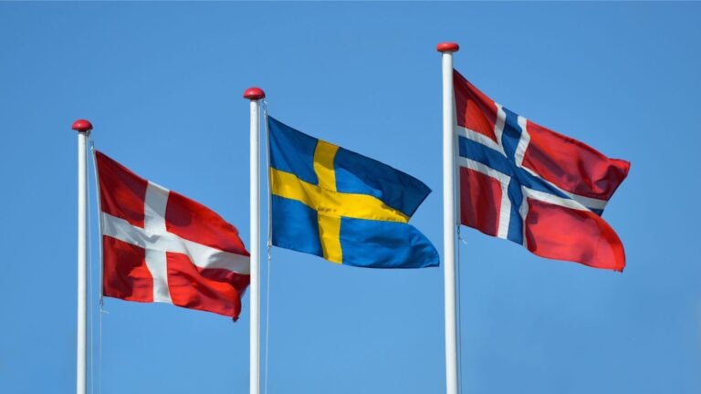 Scandinavian flags flying.