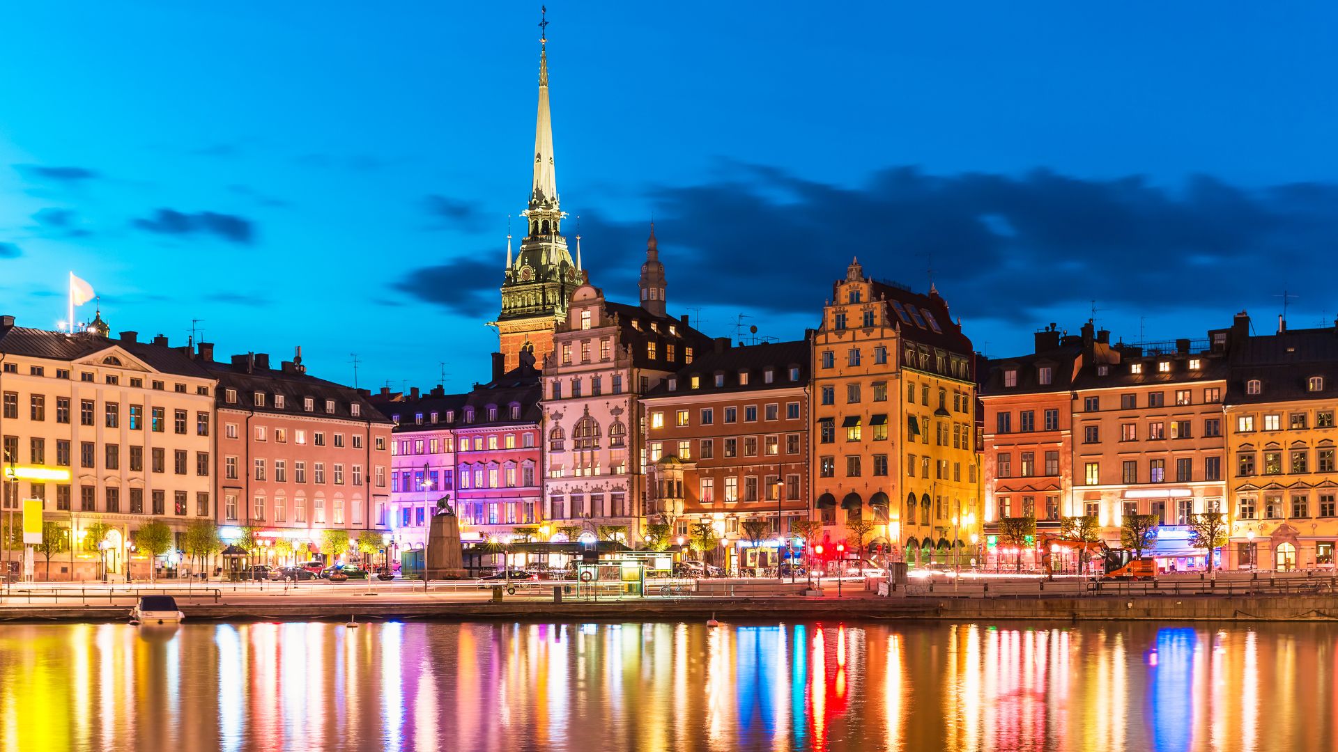 Stockholm waterfront at night.