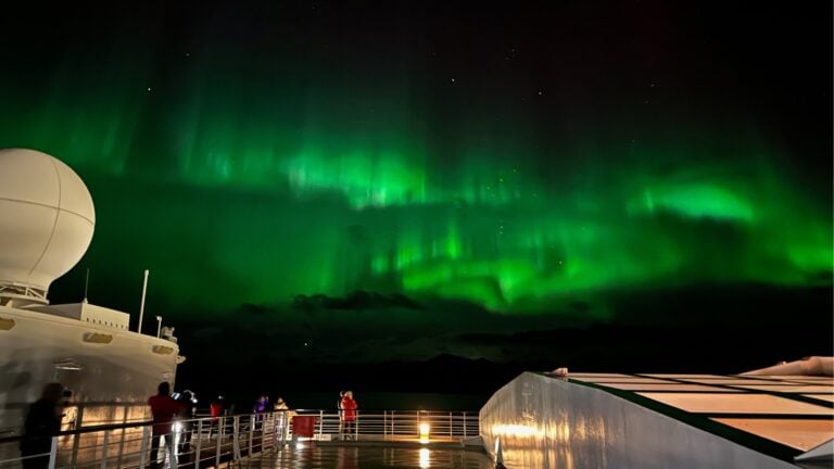 Aurora borealis display seen from a ship in Northern Norway. Photo: David Nikel.