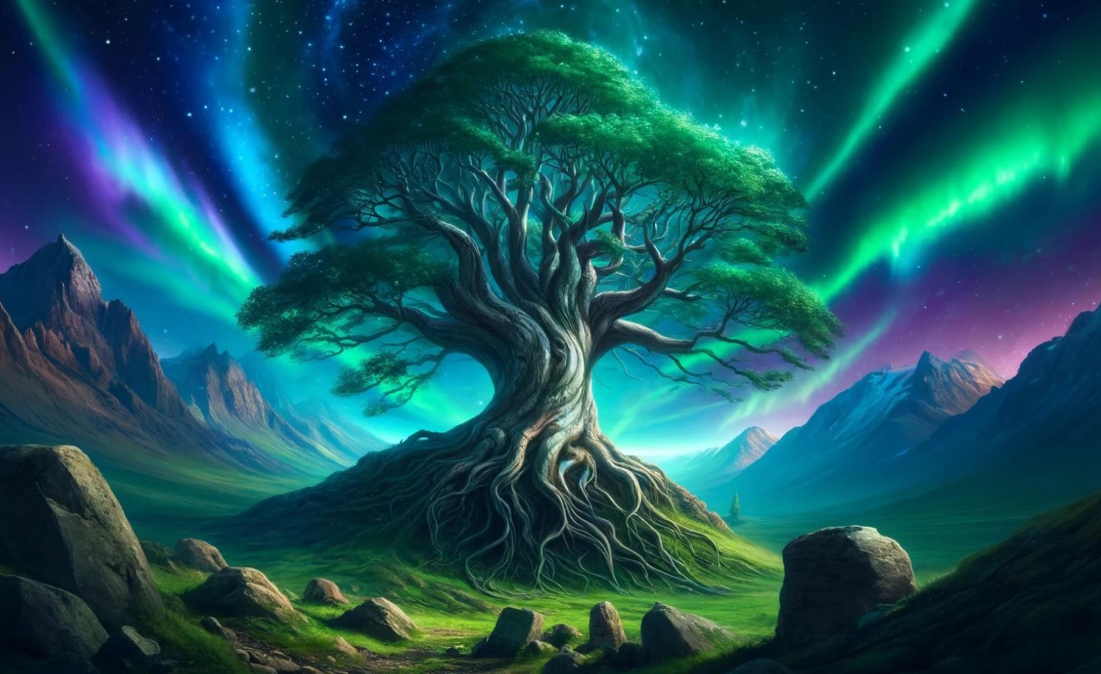 An interpretation of Yggdrasil, the world tree, with northern lights overhead.