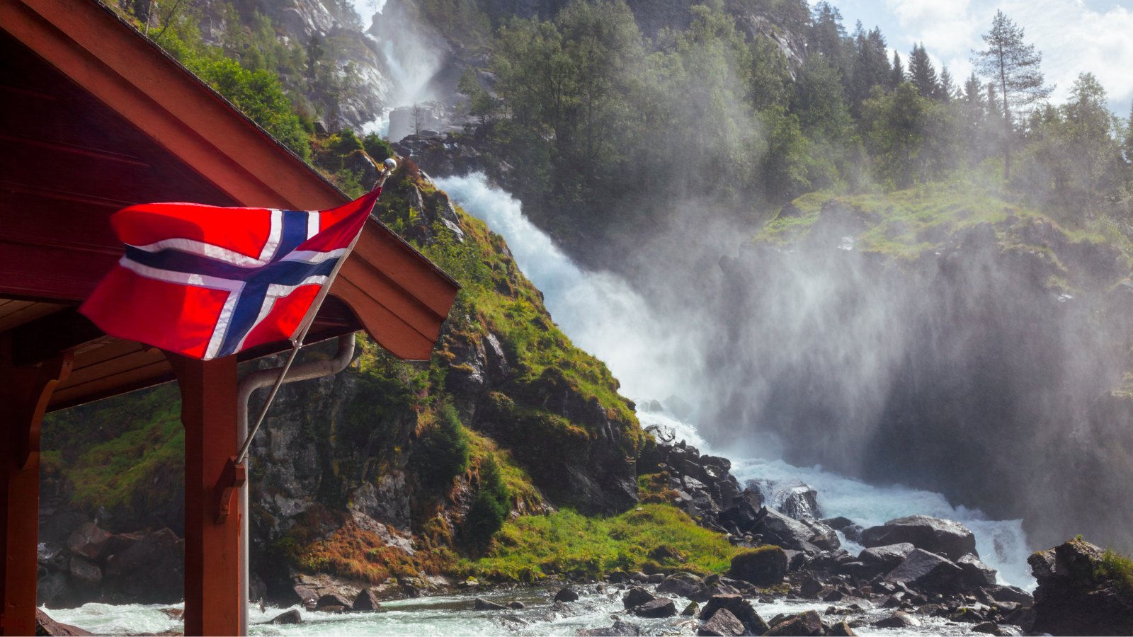 Norway flag and waterfall.