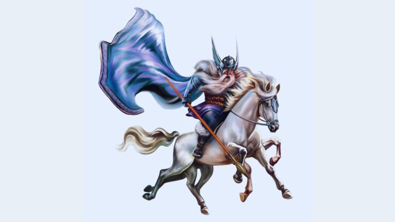 Norse God Odin riding the eight-legged horse Sleipnir.