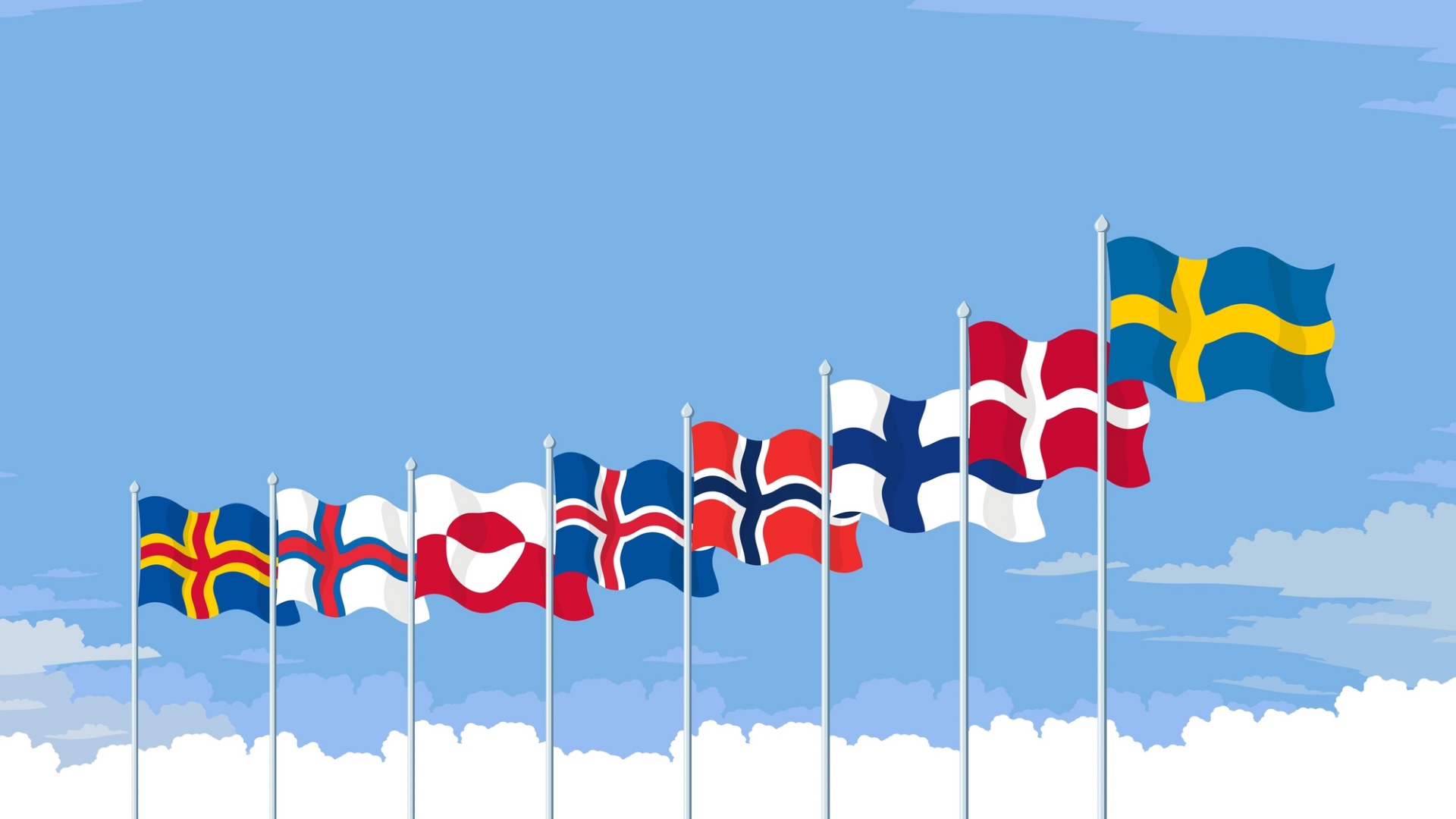 Illustration of flags of the Nordic countries and territories.