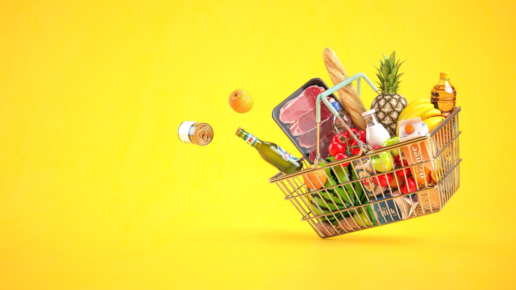 Basket of groceries on a yellow background.