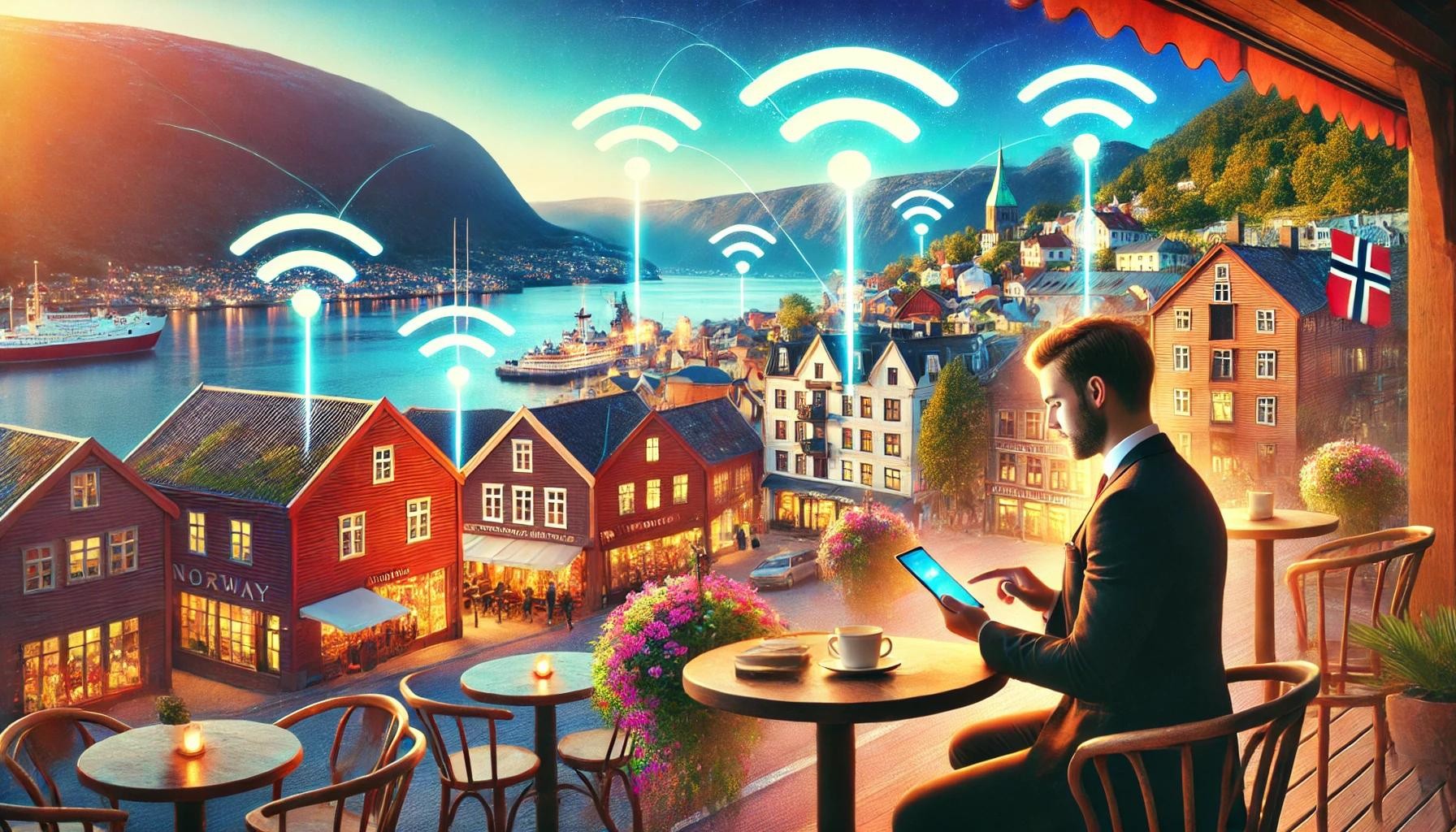 Illustration of man using the internet in Norway.