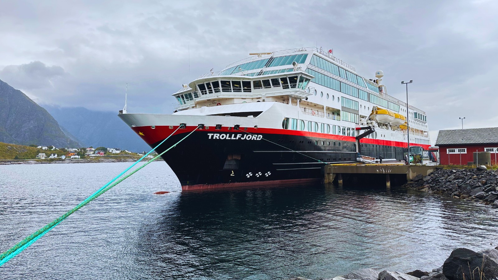 Hurtigruten MS Trollfjord docked in Lofoten. Photo: David Nikel.