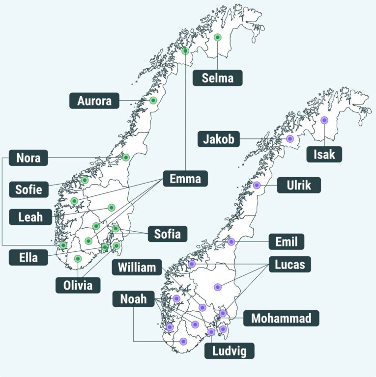 Regional variations in popular Norwegian baby names in 2025. Image: SSB.no.