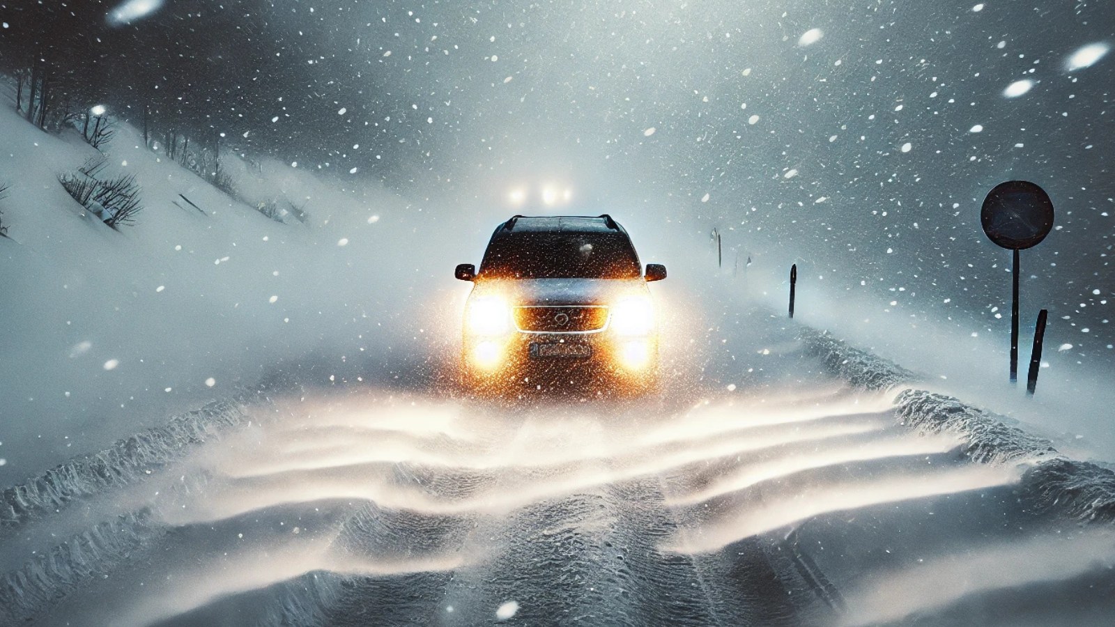 Car driving in a winter convoy in Norway.