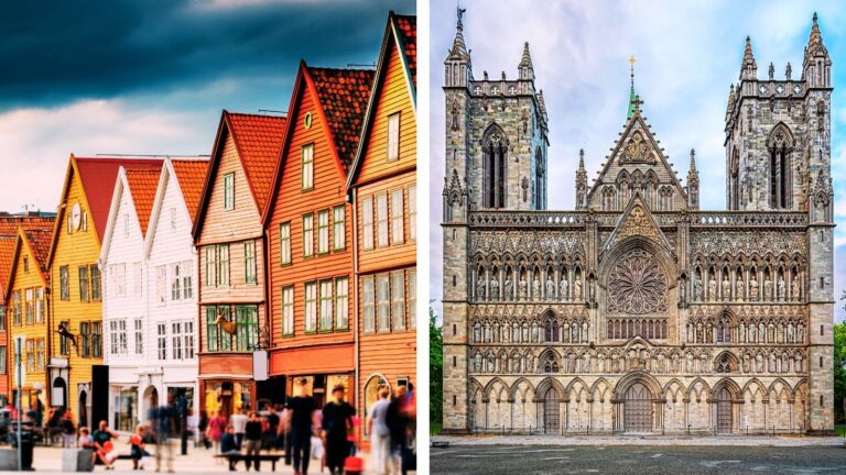 Bryggen and Nidaros Cathedral, landmarks of Bergen and Trondheim.