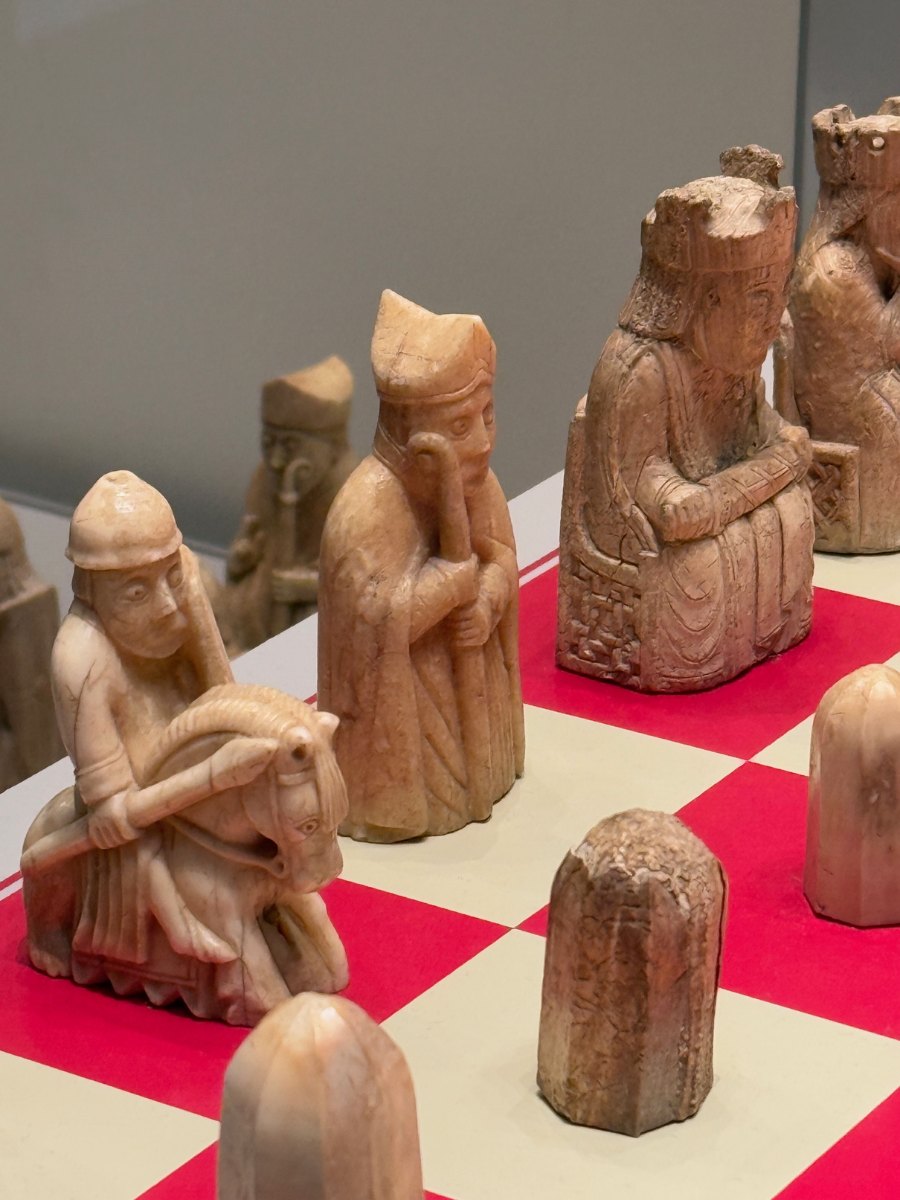 Closeup of the Lewis Chessmen at the British Museum in London. Photo: David Nikel.