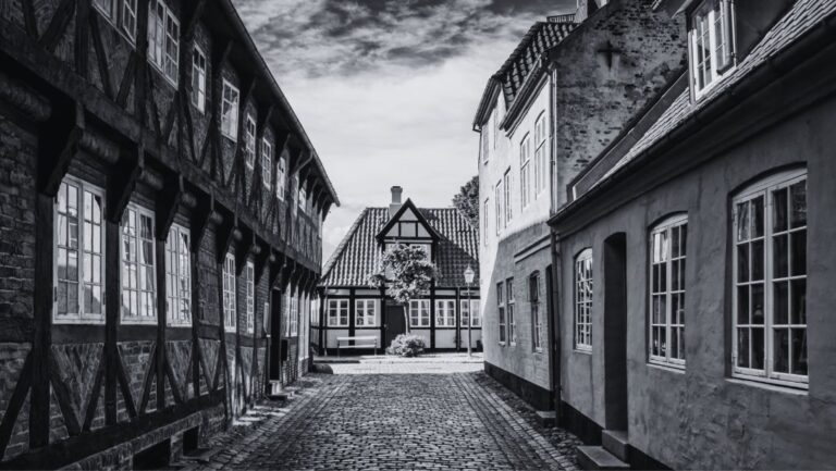 Old houses and cobbled streets in Ribe, Denmark.