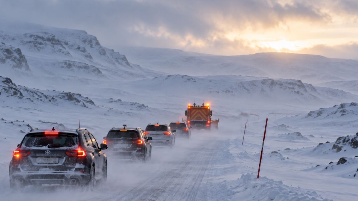 Illustration of cars driving in a winter convoy formation in Norway.