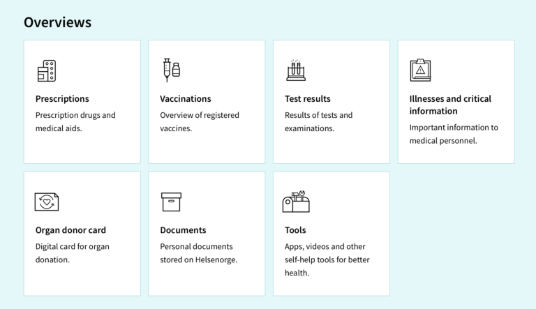 Screenshot of Helsenorge digital health records platform in English.