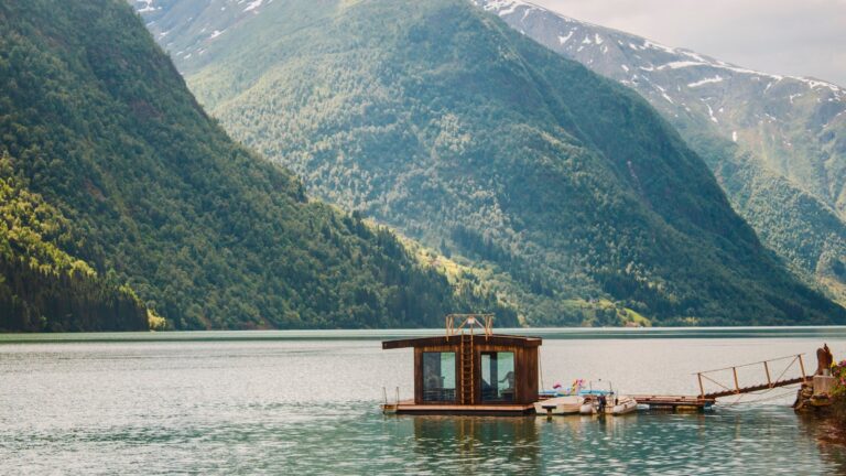 A floating sauna in Fjærland in the Norwegian fjords region.