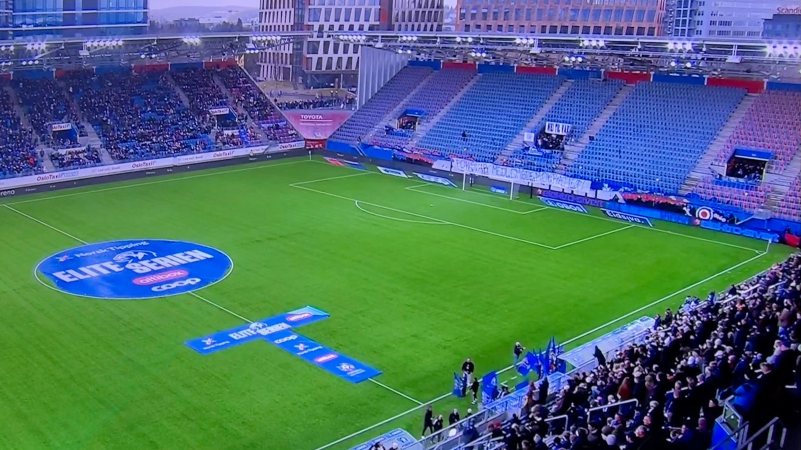 An empty stand at Vålerenga Stadium during a VAR protest in Oslo, Norway.