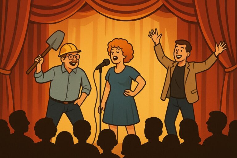 Illustration of a Norwegian 'revy' show featuring props and costumes.