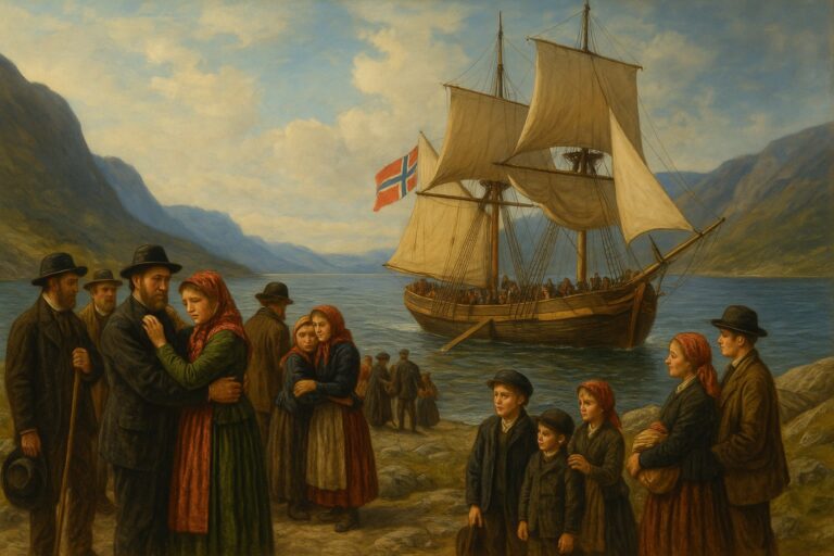 Illustration of Norwegian families leaving a fjords village.