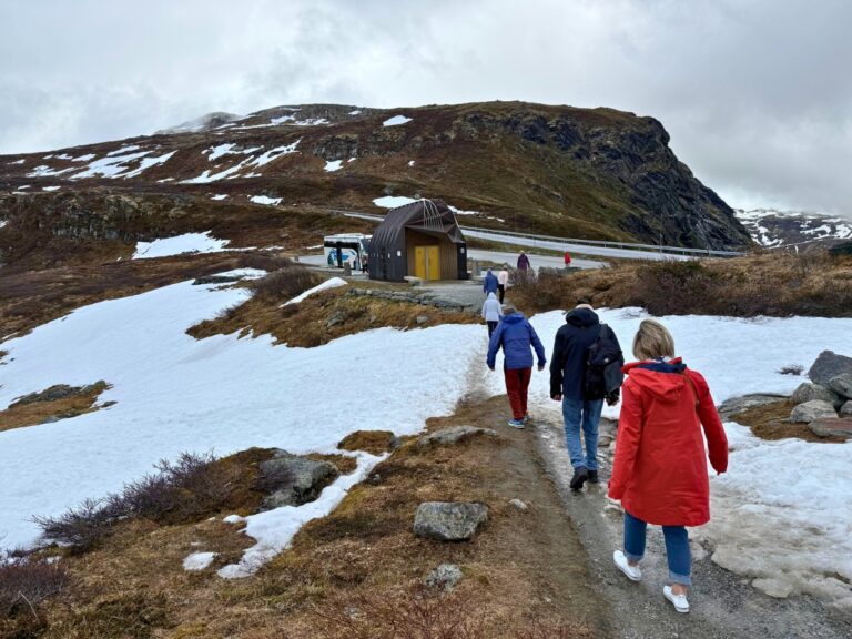 People walking at Oscarshaug viewpoint. Photo: David Nikel.
