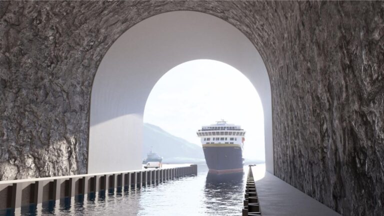 Illustration of Havila coastal ferry in Norway's proposed ship tunnel. Image: Kystverket / Multiconsult / Link Arkitektur.