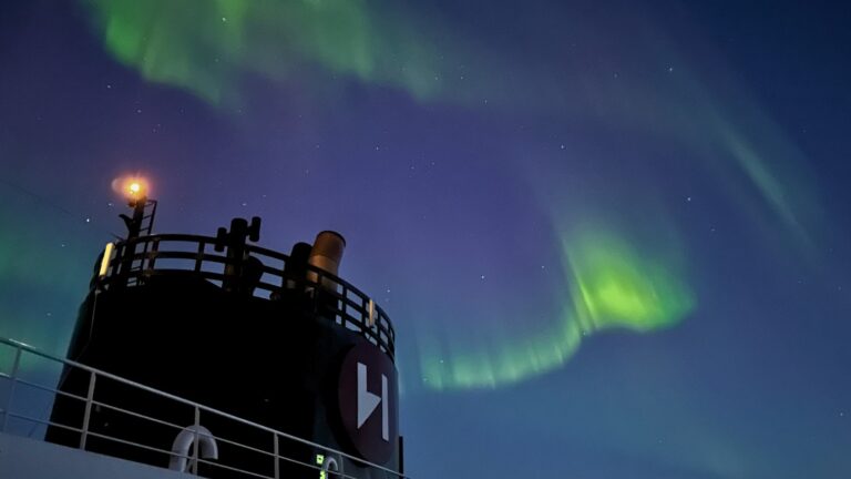 Northern lights display above a Hurtigruten ship in Norway. Photo: David Nikel.