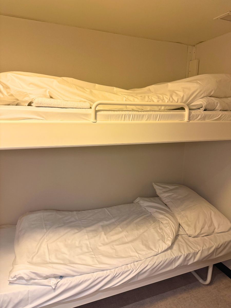 Bunk beds in an interior cabin on the Oslo-Copenhagen ferry. Photo: David Nikel.