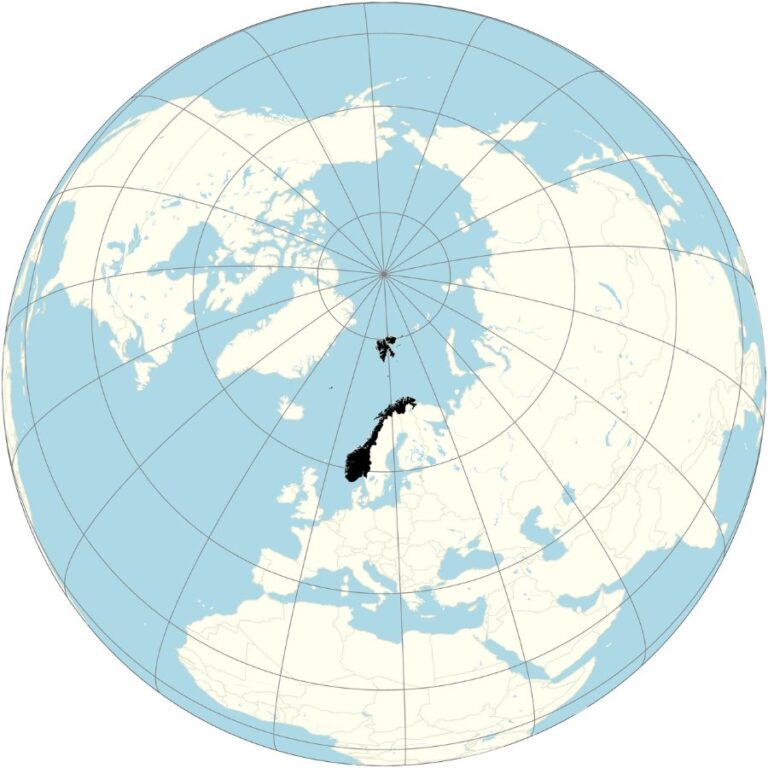 Norway highlighted on a map of the northern hemisphere.