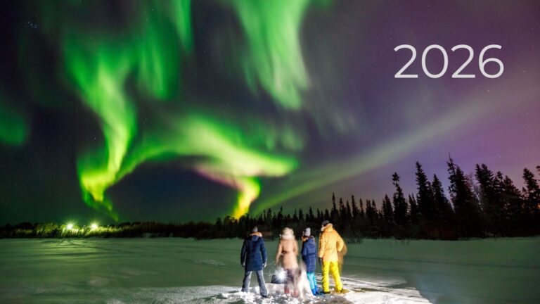 Group of tourists watching the northern lights in Tromsø, Norway.