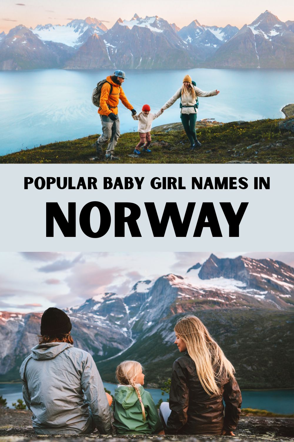 Families playing in Norwegian nature with the text "Popular baby girl names in Norway"
