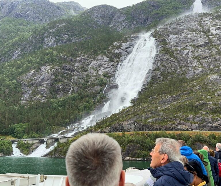 Langfossen seen from a small cruise ship on the Åkrafjord. Photo: David Nikel.