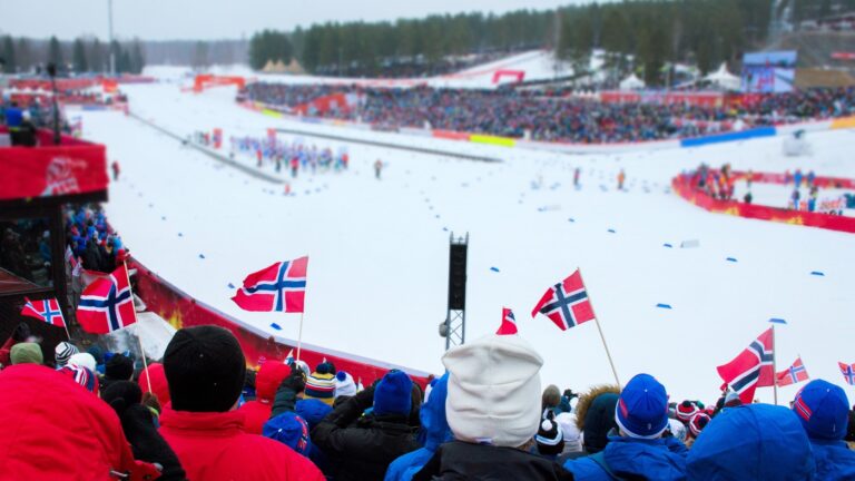 Norway fans cheering skiers at the Winter Olympics.