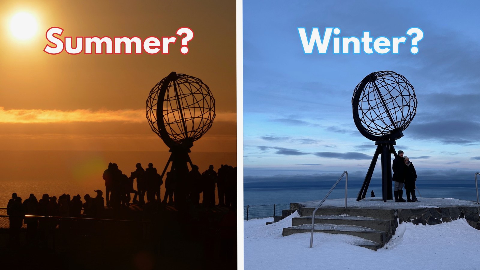 Summer and winter at the North Cape in Norway.