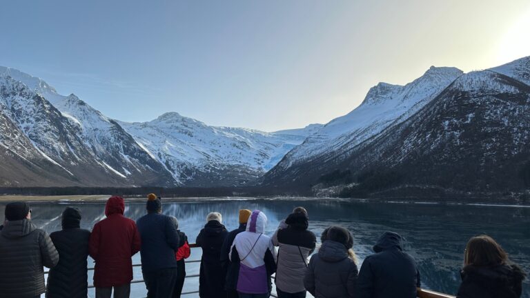 Approaching Svartisen glacier on a ship. Photo: David Nikel.