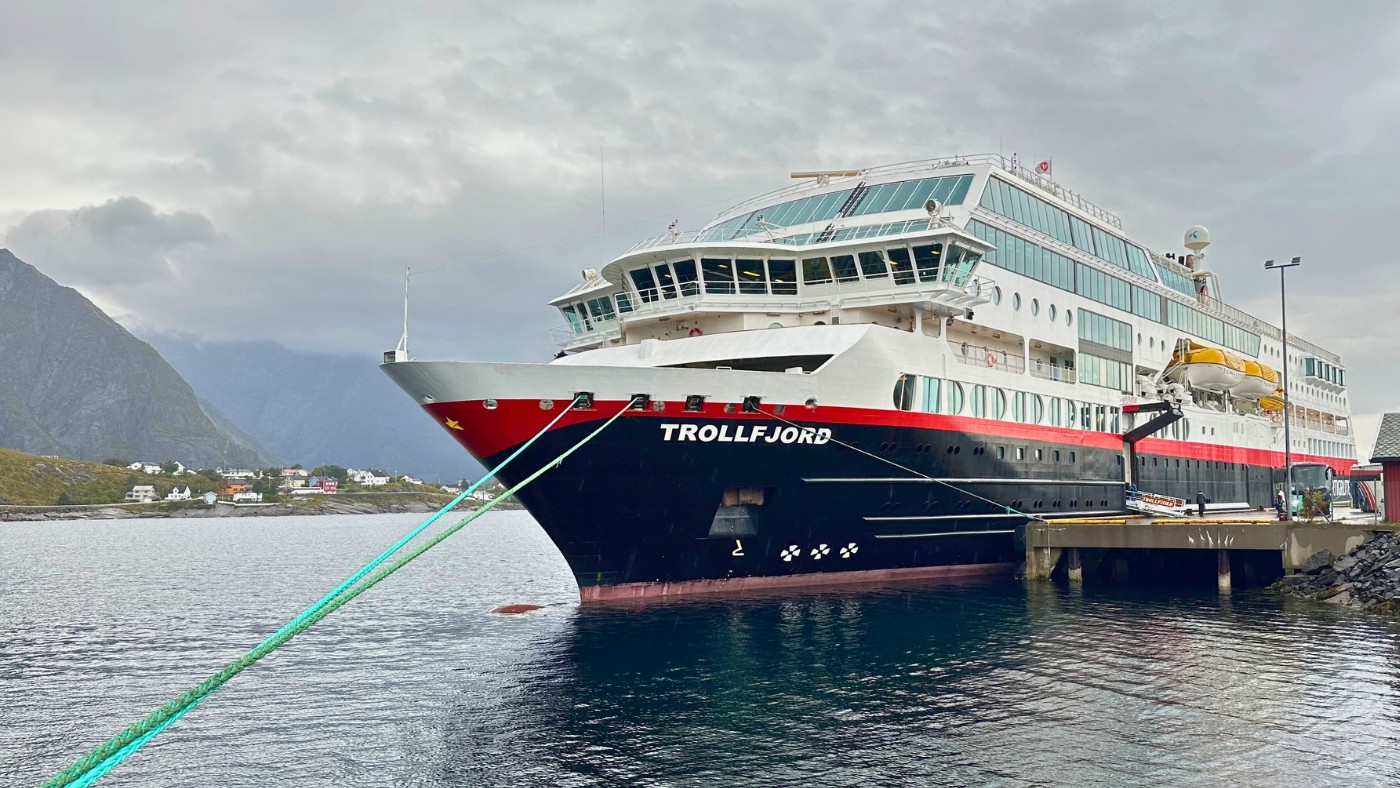 Hurtigruten's Trollfjord cruise ship in Reine. Photo: David Nikel.