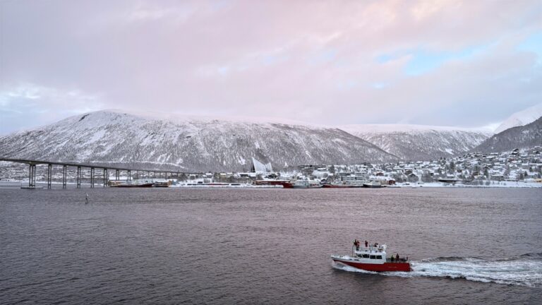 A small sailing towards Tromsø Bridge in the Norwegian winter. Photo: David Nikel.