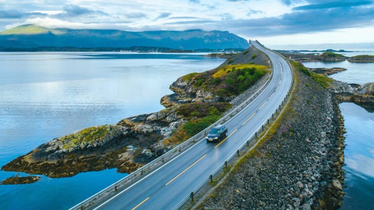 Car on the Atlantic Ocean Road in Norway.