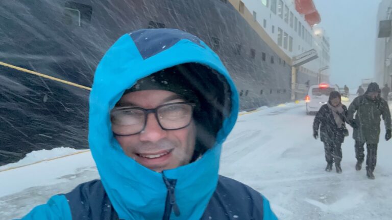 David in a blizzard at a cruise port in Norway. Photo: David Nikel.