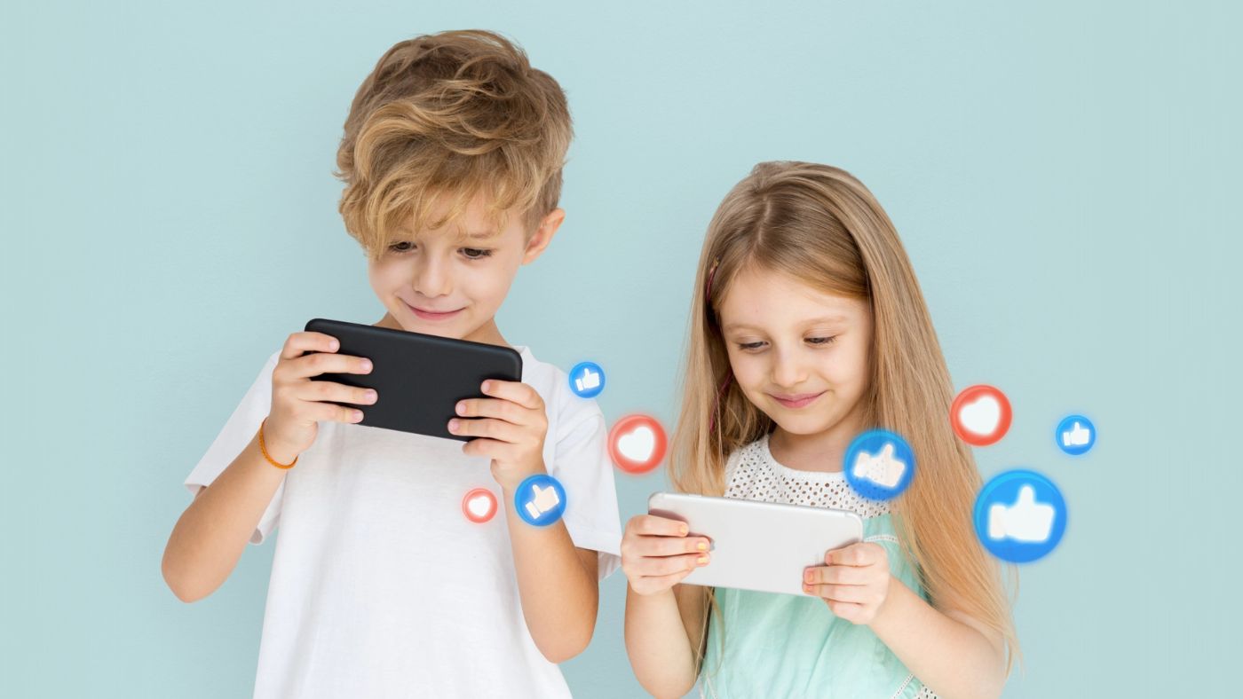 Illustration of children using tablets with social media icons.