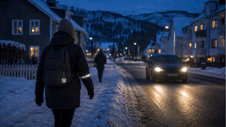 Person walking on a dark day in a Norway city wearing 'Refleks' reflectors as a car drives by with headlights on.