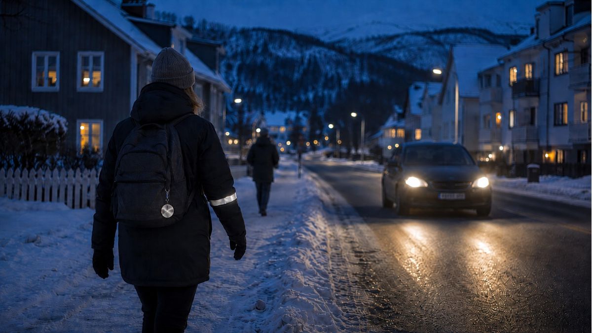 Person walking on a dark day in a Norway city wearing 'Refleks' reflectors as a car drives by with headlights on.
