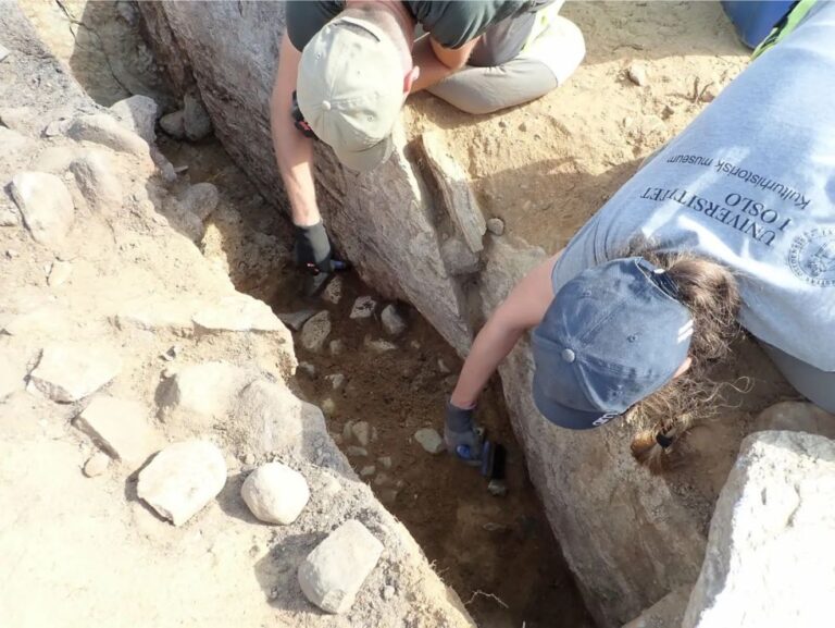 Archaeologists working in the chamber. Photo: Foto: Kulturhistorisk museum.